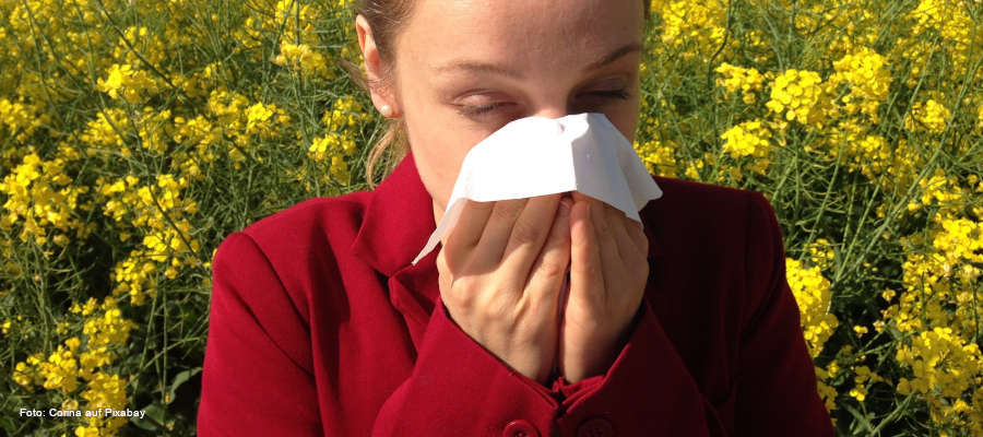 Frau mit Taschentuch vor Pflanzen mit gelben Blüten.